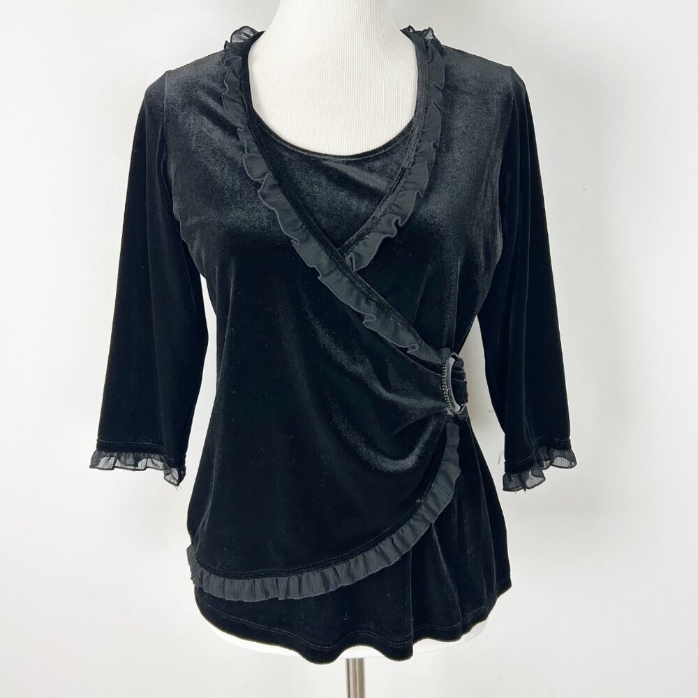 Notations Black Velvet Faux Wrap Top Ruffle Detail Whimsigoth Size Petite Medium